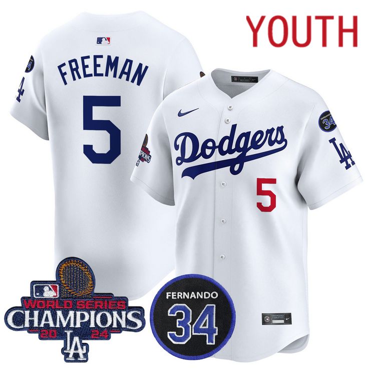 Youth MLB Los Angeles Dodgers 5 Freeman white 2024 World Series Champions Patch Limited Jersey